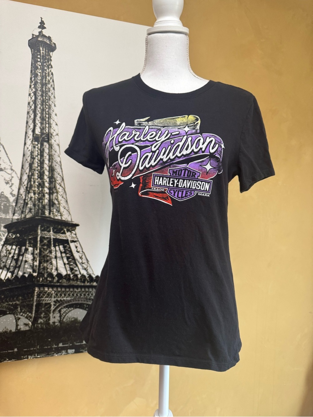Harley-Davidson Black Tee with Purple and Yellow Graphic